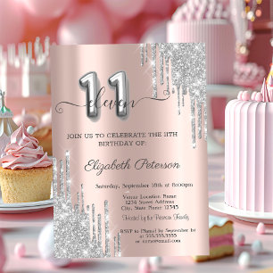 Invitation Gouttes d'Argent Froid Rose Or 11e Anniversaire