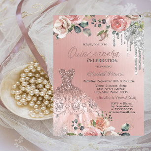 Invitation Gouttes d'Argent, Robe, Roses Rose Quinceanera
