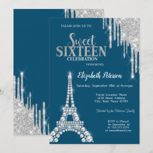 Invitation Gouttes d'argent, Tour Eiffel Diamants Sweet 16 