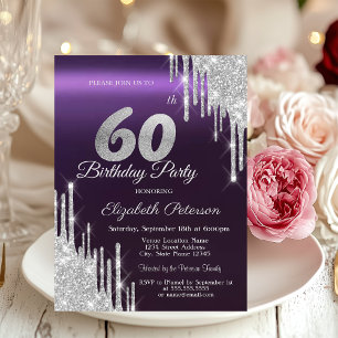 Invitation Gouttes de Paillettes Argentées Anniversaire 60 an