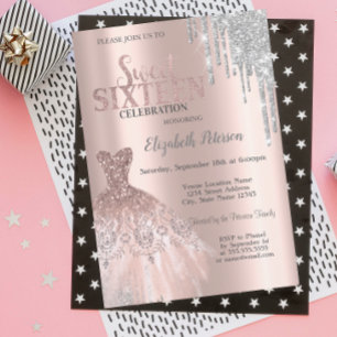Invitation Gouttes de paillettes argentées cool, robe rose do