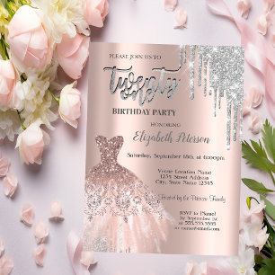 Invitation Gouttes de paillettes argentées,Robe Rose Gold 21e