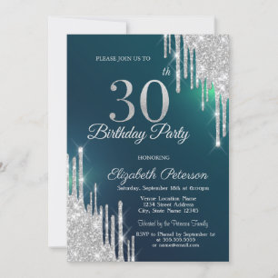 Invitation Gouttes de Paillettes Argentées Vert 30e Anniversa