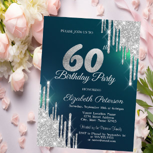 Invitation Gouttes de paillettes argentées Vert 60e Anniversa