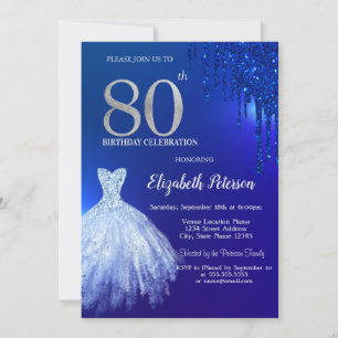 Invitation Gouttes de paillettes bleu marine, Robe Bleu 80e A