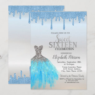 Invitation Gouttes de paillettes bleues, Robe bleue argentée 