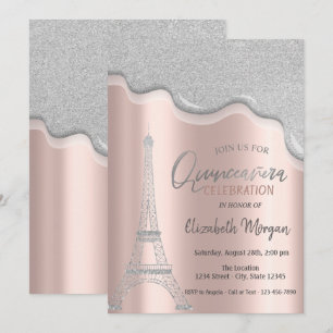 Invitation Gouttes de paillettes cool, Quinceañera tour Eiffe