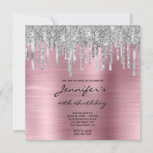 Invitation Gouttes de paillettes d'argent rose Feuille 60e an