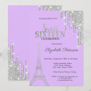 Invitation Gouttes de paillettes d'argent, Tour Eiffel Sweet