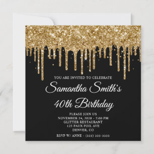 Invitation Gouttes de paillettes dorées 40e anniversaire noir