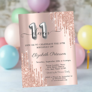 Invitation Gouttes de Paillettes Élégantes Rose Gold pour 11è