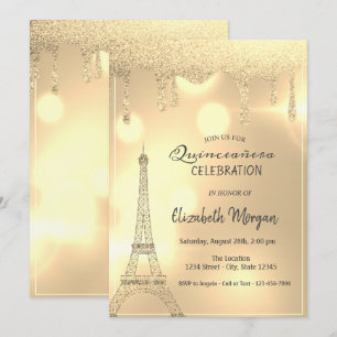 Invitation Gouttes de paillettes élégantes, Tour Eiffel en bo