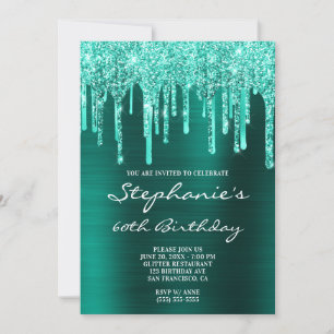Invitation Gouttes de paillettes et de feuille verte sarcelle