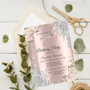 Invitation Gouttes de paillettes, Fleurs Rose Gold 75e Annive