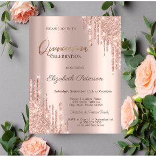 Invitation Gouttes de paillettes modernes Rose Gold Quinceañe