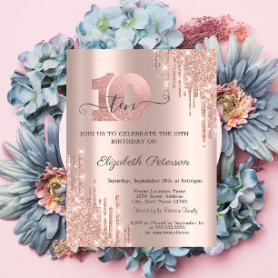 Invitation Gouttes de paillettes rose gold Anniversaire 10 an