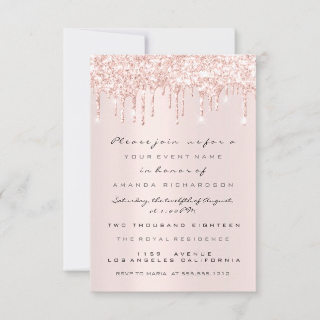 Invitation Gouttes de paillettes rose rose mariage douce 16e (Devant)