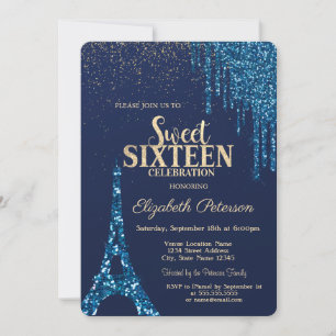 Invitation Gouttes de paillettes, Tour Eiffel Bleu Nuit Sweet