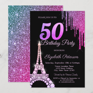 Invitation Gouttes de paillettes, Tour Eiffel Noire 50e Anniv