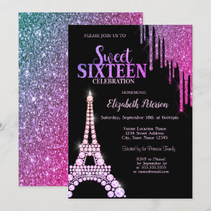 Invitation Gouttes de paillettes, Tour Eiffel noire Sweet 16