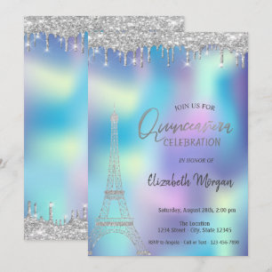 Invitation Gouttes de paillettes Tour Eiffel Quinceanera holo