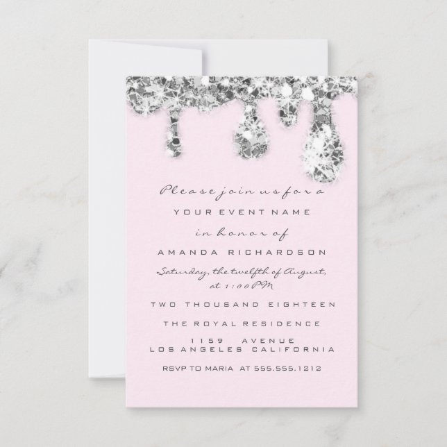 Invitation Gouttes Rose Gris Argent Pailleté Mariée Douce 16è (Devant)