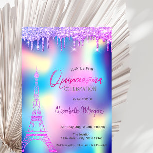 Invitation Gouttes violettes Tour Eiffel Quinceanera holograp