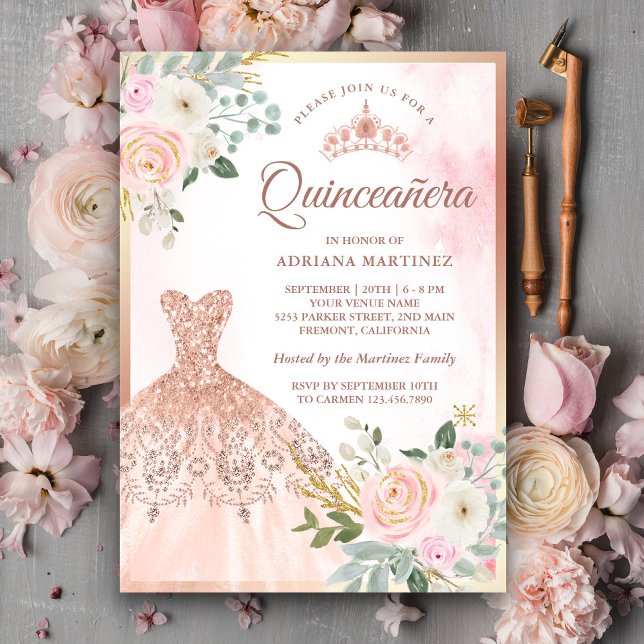 Invitation Gown étincelant Blush Floral Rose Or Quinceanera (Créateur téléchargé)