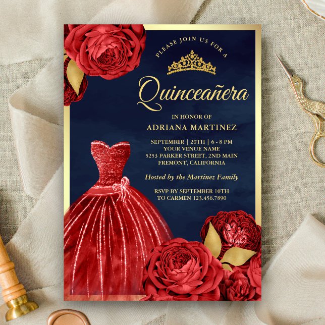 Invitation Gown étincelante Roses rouges Marine Gold Quincean (Créateur téléchargé)