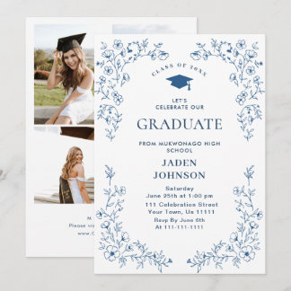 Invitation Grâce florale bleue ornée pour 4 photos de fête de