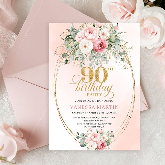 Invitation Graceful Boho Blush Floral Greenery Gold Birthday (Refined Blush Roses Gold Minimal 90th Birthday Invite)