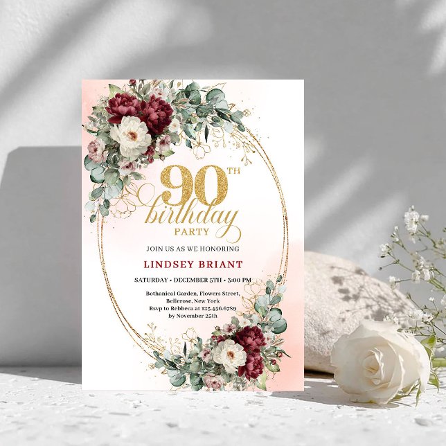 Invitation Graceful Deep Red Floral Gold 90th Birthday Invite (Graceful Deep Red Floral Gold 90th Birthday Invitation)