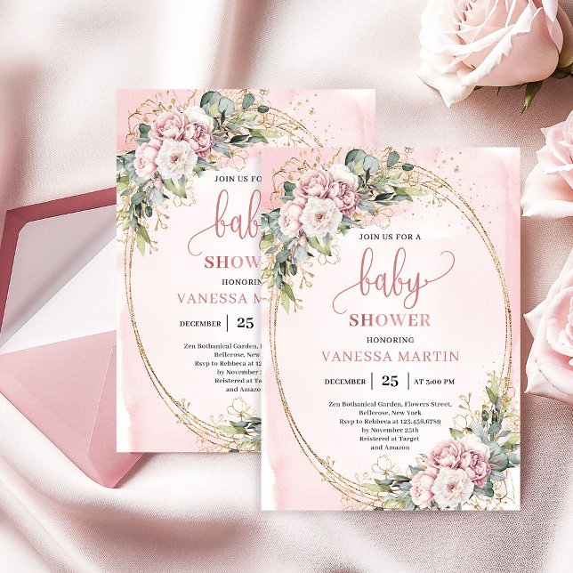 Invitation Graceful Dusty Pink Floral Eucalyptus Baby Shower (Graceful Dusty Pink Floral Eucalyptus Baby Shower)
