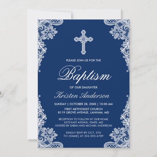 Invitation Graceful Navy Blue Lace Cross Baptism Photo Invita (Devant)