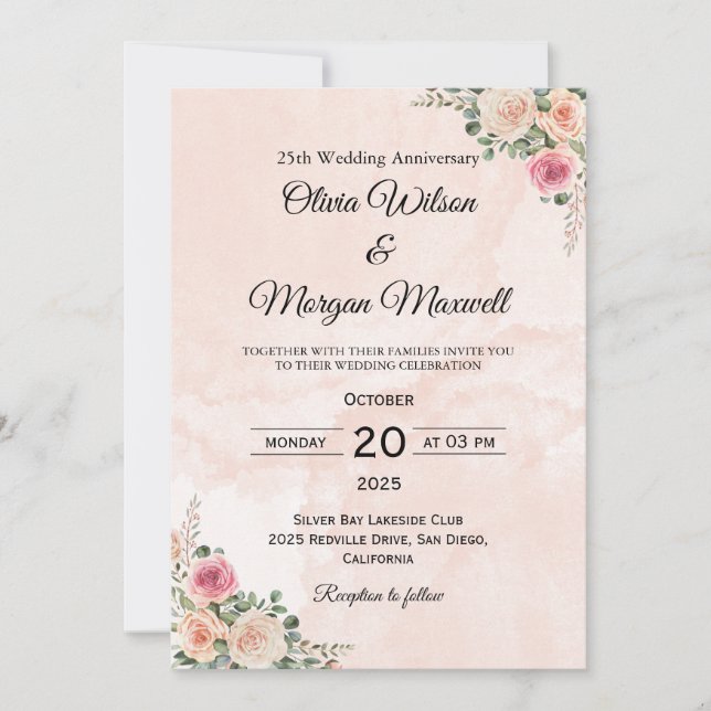 Invitation Graceful Pink Cream Floral Wedding Anniversary  (Devant)