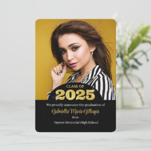 Invitation Grad 2025 Gold Bling Black Photo Grad Faux
