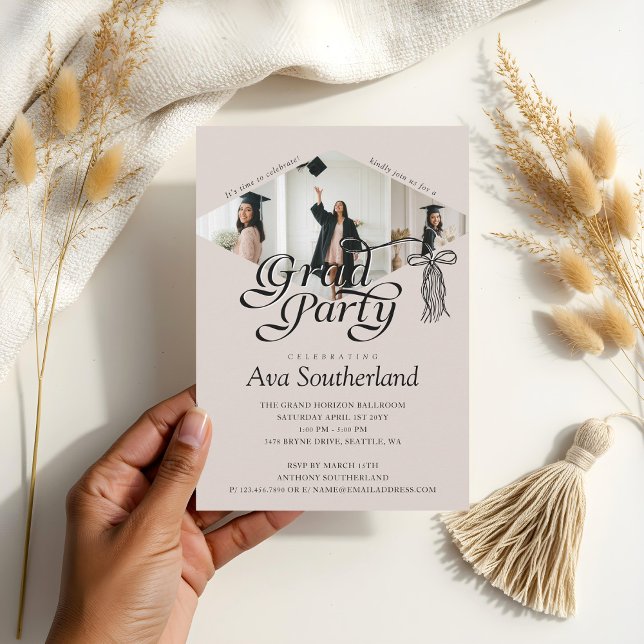 Invitation Grad Casquette Bow Tassel Photo Collage Graduation (Grad Cap Bow Tassel Photo Collage Graduation Party Invitation)