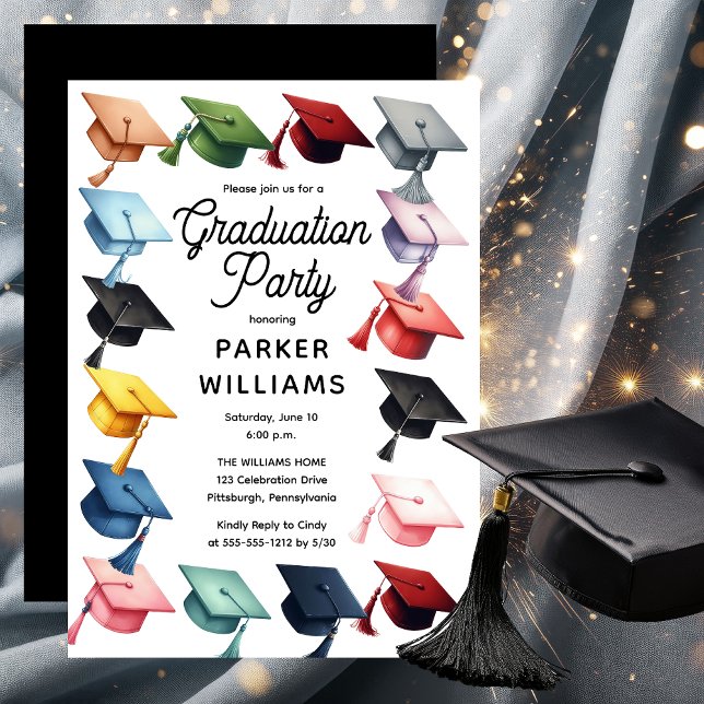 Invitation Grad Casquettes multicolores Grad Graduation Party (Multi-Colored Grad Caps Graduation Party Invitation)