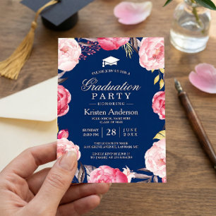 Invitation Grad Floral Wreath Navy Blue Graduation Party