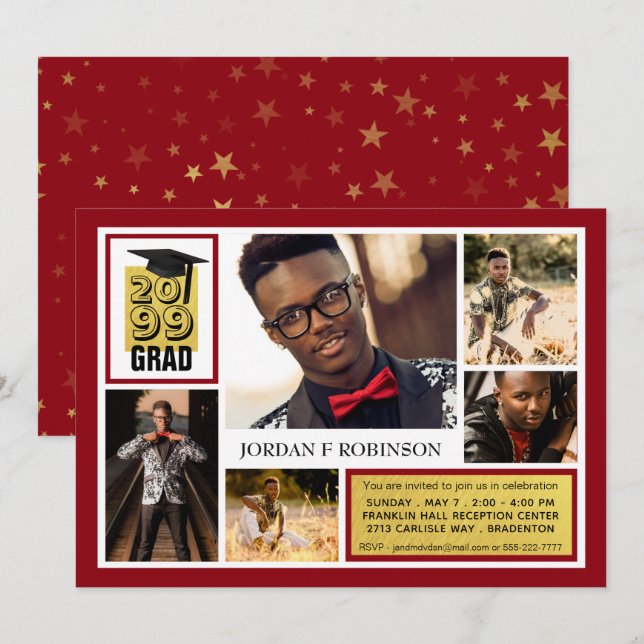 Invitation GRAD Or Brossé | Rouge modifiable | 5 Photo (Devant / Derrière)