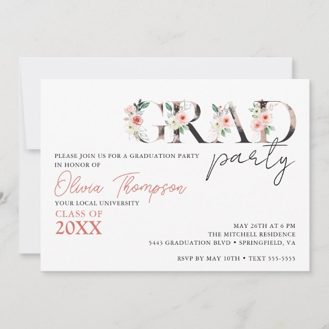 Invitation GRAD PARTY Floral Graduation Party (Devant)