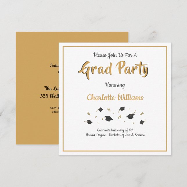 Invitation Grad Party, Gold, Graduation Celebration (Devant / Derrière)