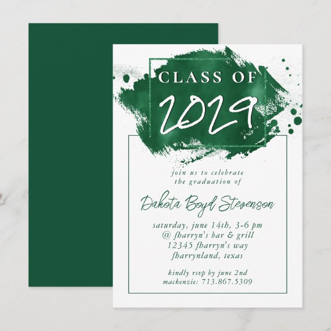 Invitation Grad peint | Green Splatter Brushstroke Party (Devant / Derrière)