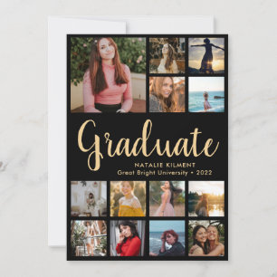 Invitation Graduate 14 Photo Collage Black & Gold Graduation