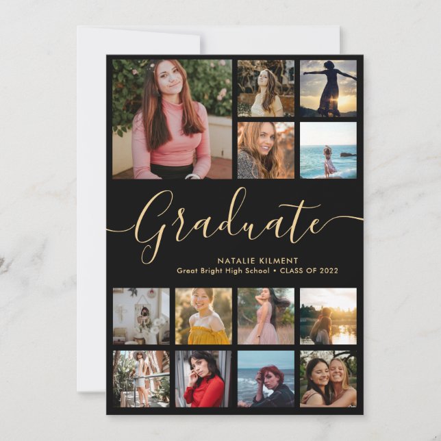 Invitation Graduate 14 Photo Collage Black & Gold Graduation (Devant)