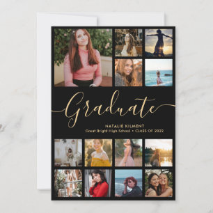 Invitation Graduate 14 Photo Collage Black & Gold Graduation