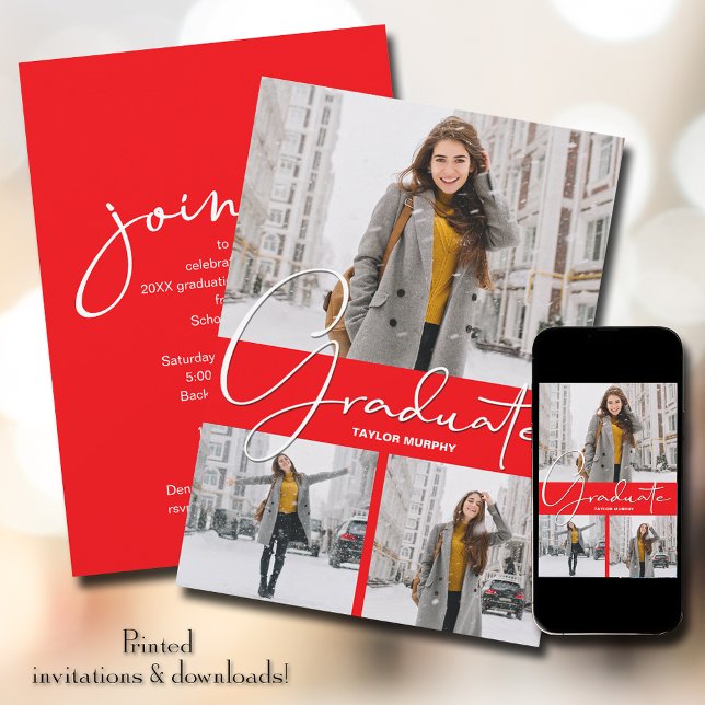 Invitation Graduate 3 Photo Red Graduation (Créateur téléchargé)