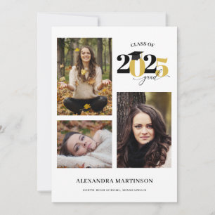 Invitation Graduate 3 Photos Collage Gold Classe de 2025