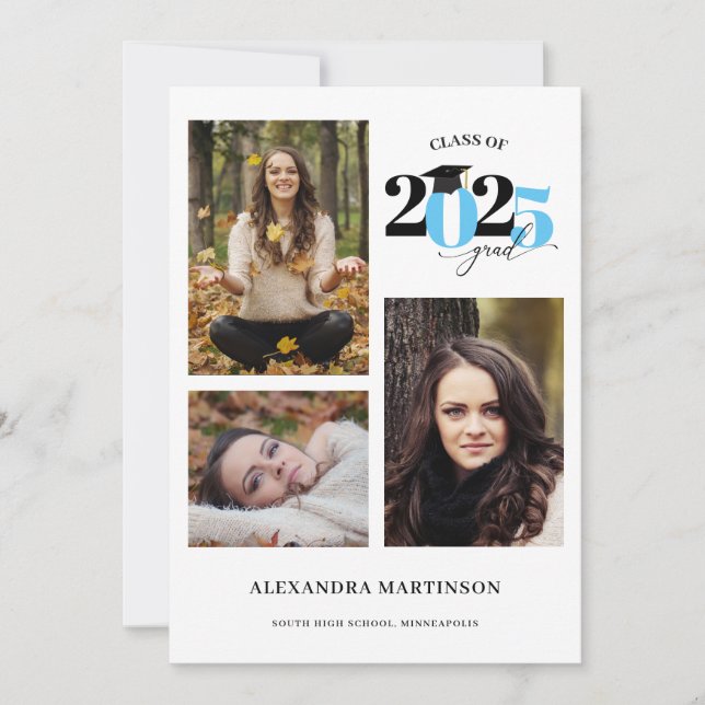Invitation Graduate 3 Photos Collage Light Blue Classe de 202 (Devant)