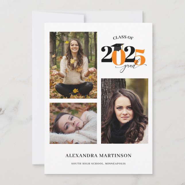 Invitation Graduate 3 Photos Collage Orange Classe de 2023 (Devant)